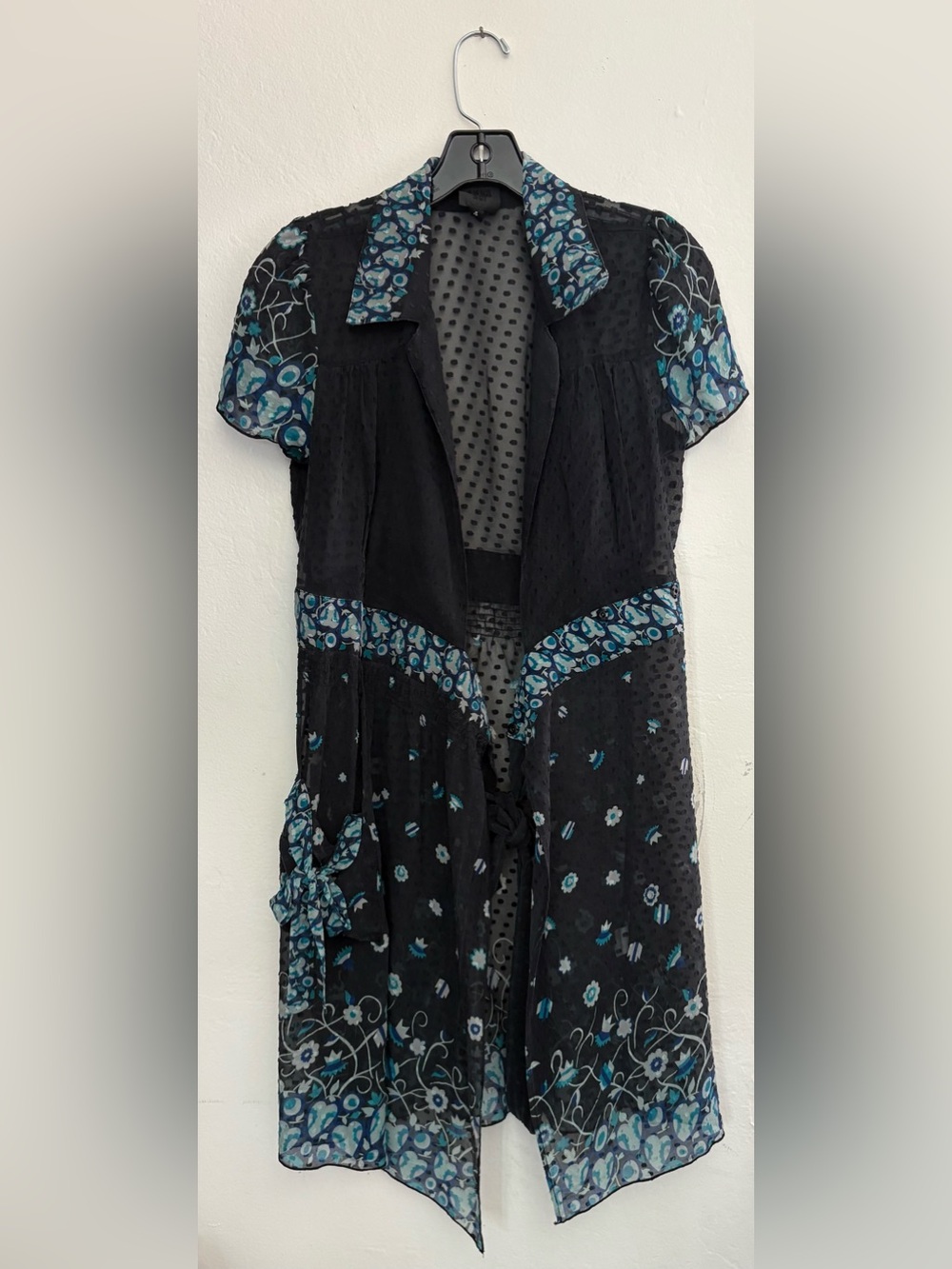 Anna Sui Black and blue floral Polka Dot Sheer midi wrap dress